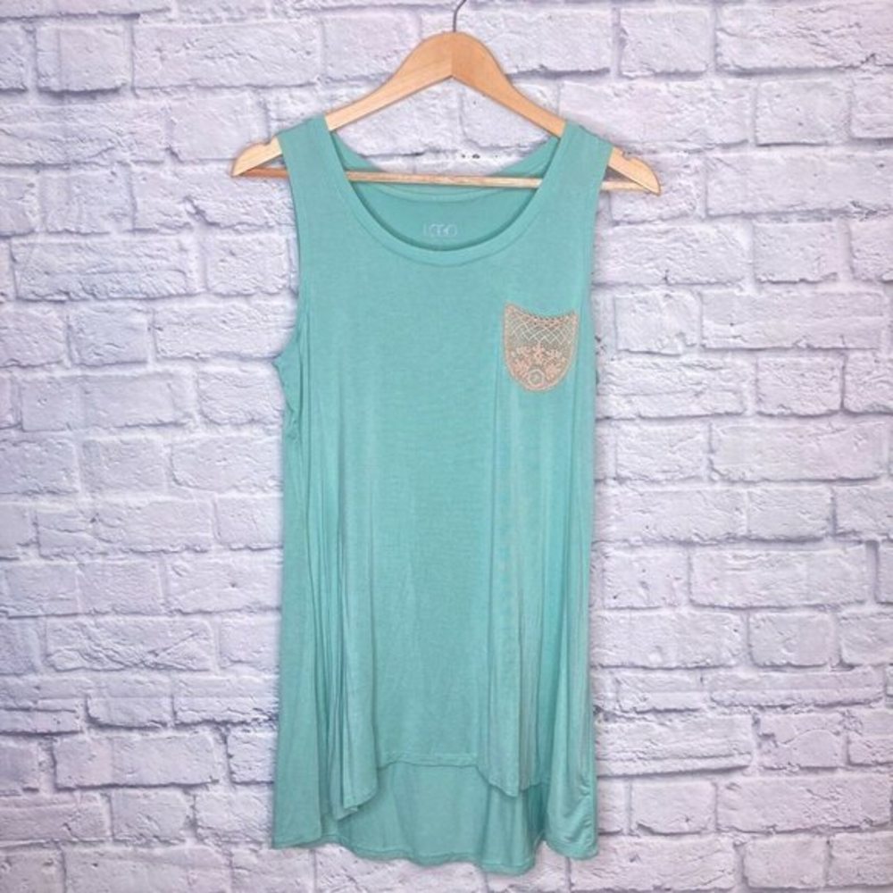 Logo Lori Goldstein Small S Teal Blue Crochet Lace Pocket Stretch Tank Top Tunic